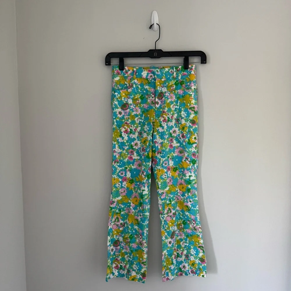 Zara Floral Printed Linen Blend Mini Flare Trousers